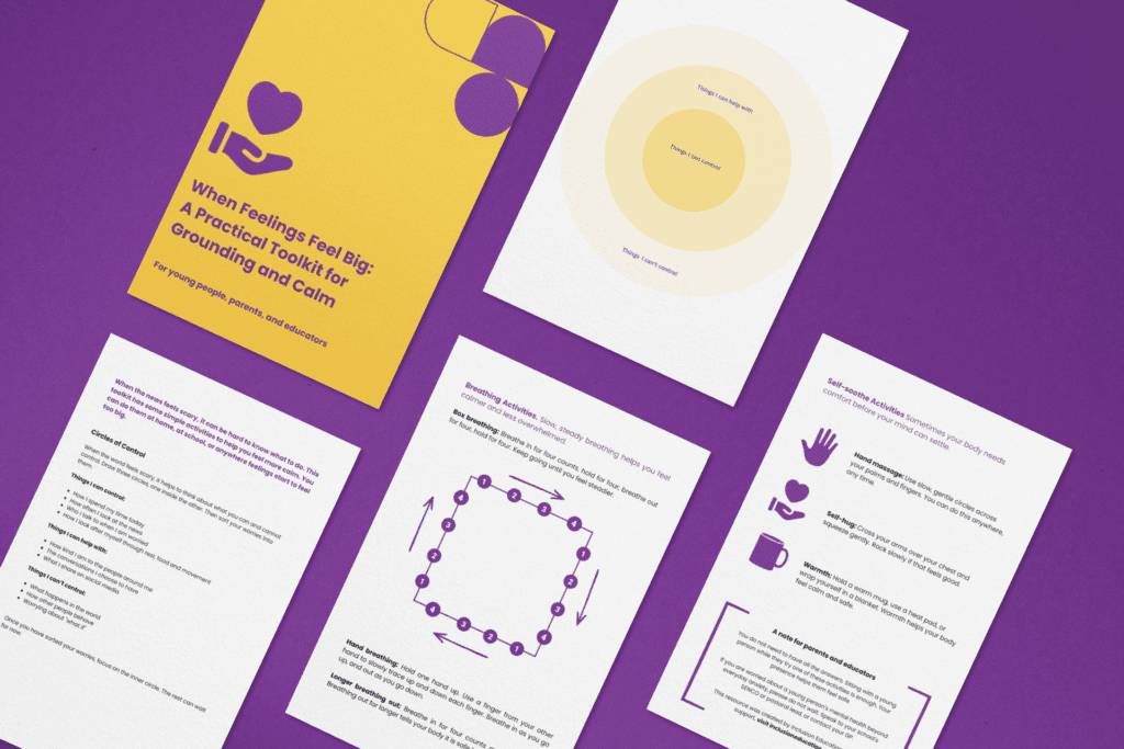 A yellow and purple illustrated booklet titled 'When Feelings Feel Big: A Practical Toolkit for Grounding and Calm', featuring a heart and hands icon, created by Inclusion Education for young people, parents and educators.